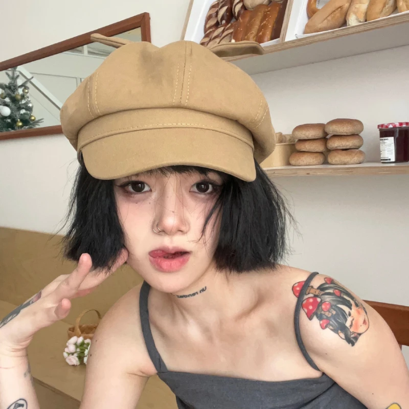 Cute Bow Ears Berets for Women Spring Summer Travel Sunscreen Korean Version Y2k Sweet Cool Girl Retro Octagonal Painter Hats