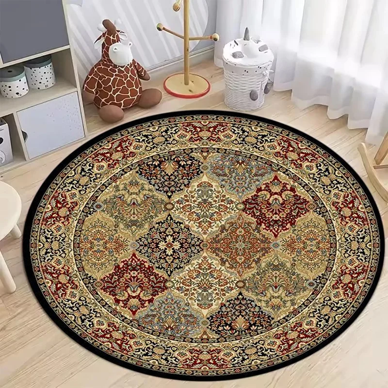 Traditional Persian Round Area Rug, Vintage Patchwork Floral Circular Floor Mat, Living Room Home Decor