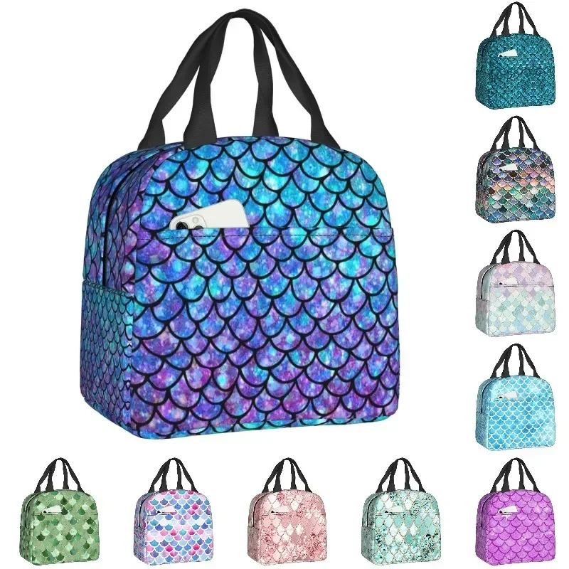 Luxury Mermaid Scales Print Lunch Bag for School Work Picnic Leakproof Thermal Cooler Insulated Lunch Box for Women Children