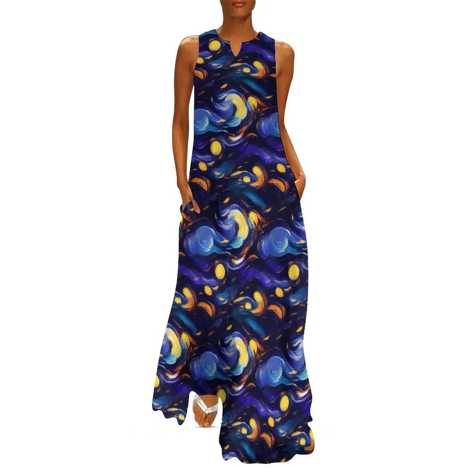 Starry Night Women Dress Abstract Famous Painting Trendy Maxi Dress Street Casual Long Dresses Women V-Neck Sleeveless Vestidos
