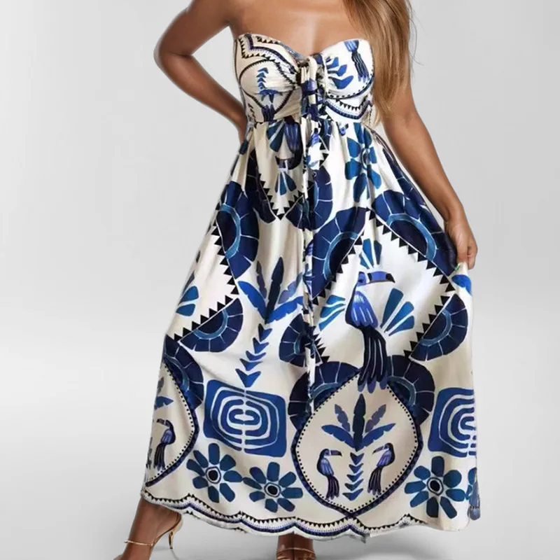 ヨーロッパとアメリカの女性のドレス気質エレガントなプリントファッション中空アウトホルターレースルーズで快適な通気性