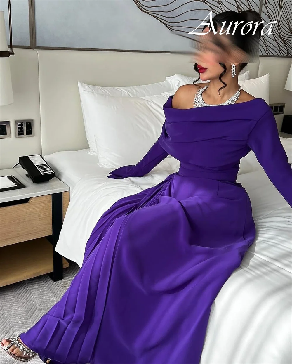 فستان سهرة جيرسي أرجواني بسيط مخصص بكتف واحد وأكمام طويلة مكشكشة للمناسبات الخاصة فستان حفلة موسيقية أنيق