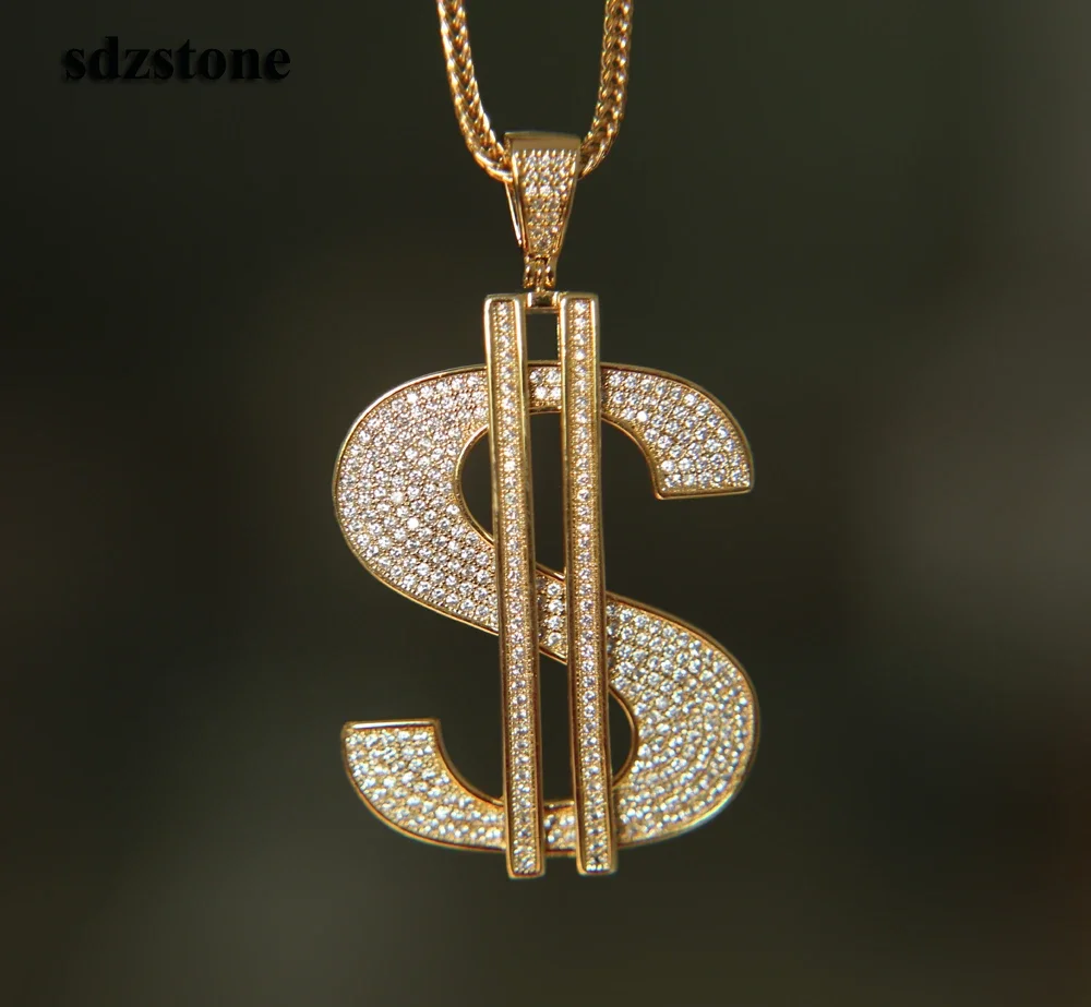 promotion Big pendant micro pave clear cubic zirconia cz Dollar pendant Gold color dollar men boy hip hop bling necklace jewelry