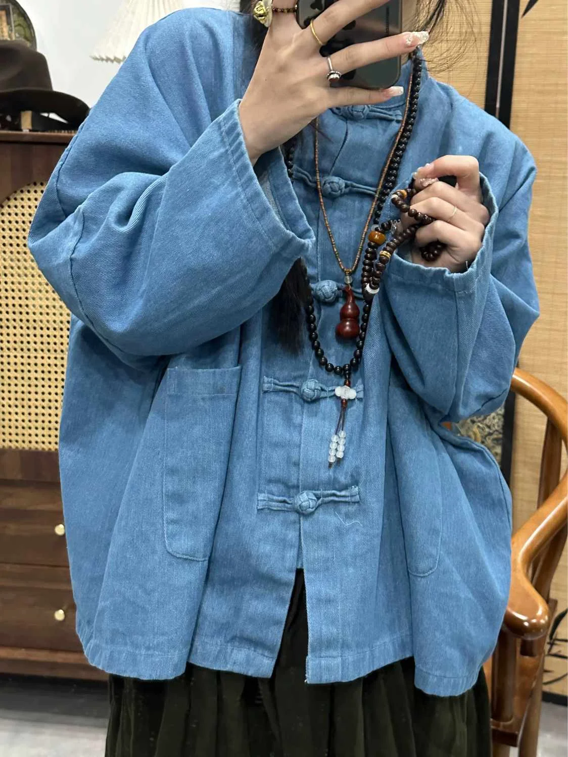 

Джинсовый кардиган Muzi Xuanming с винтажным дизайном на пуговицах, коллекция Spring, женский, в традиционном китайском стиле, для прохладных дней