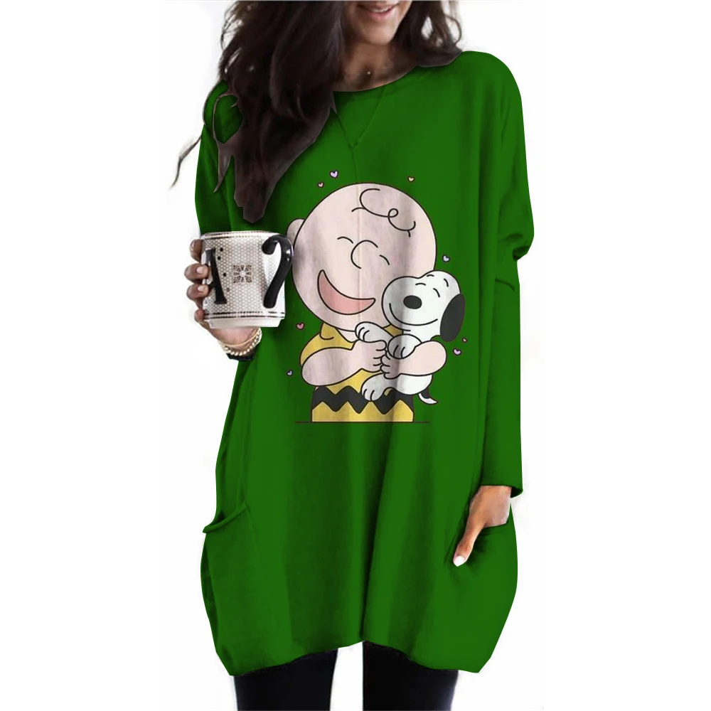 2024 New Women\'s Round Neck Long Sleeve Pocket T-shirt Snoopy Printed Casual Elegant Women\'s Long T Street Clothing