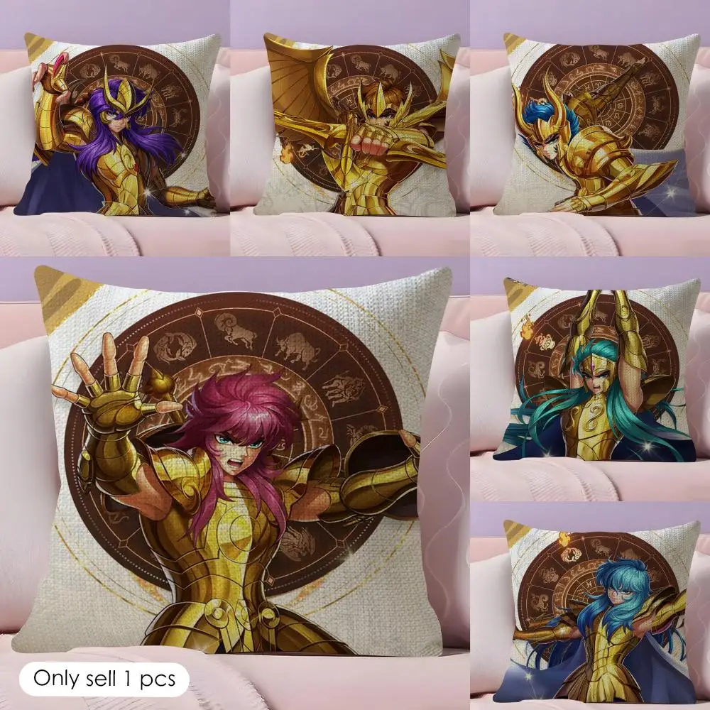 Animation 12 Gold Saint S-Seiya Cushion Cover Summer Coolness Linen Fabric Double-Sided Printing Sofa Home Decor Gift