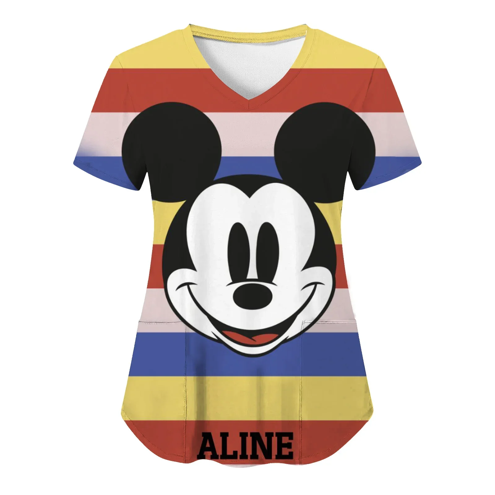 

Miniso V Neck Top Women 2024 Disney Shirts Pocket Woman Clothes Hospital T-shirts Minnie Mouse Tops Mickey Nurse Uniform Tees