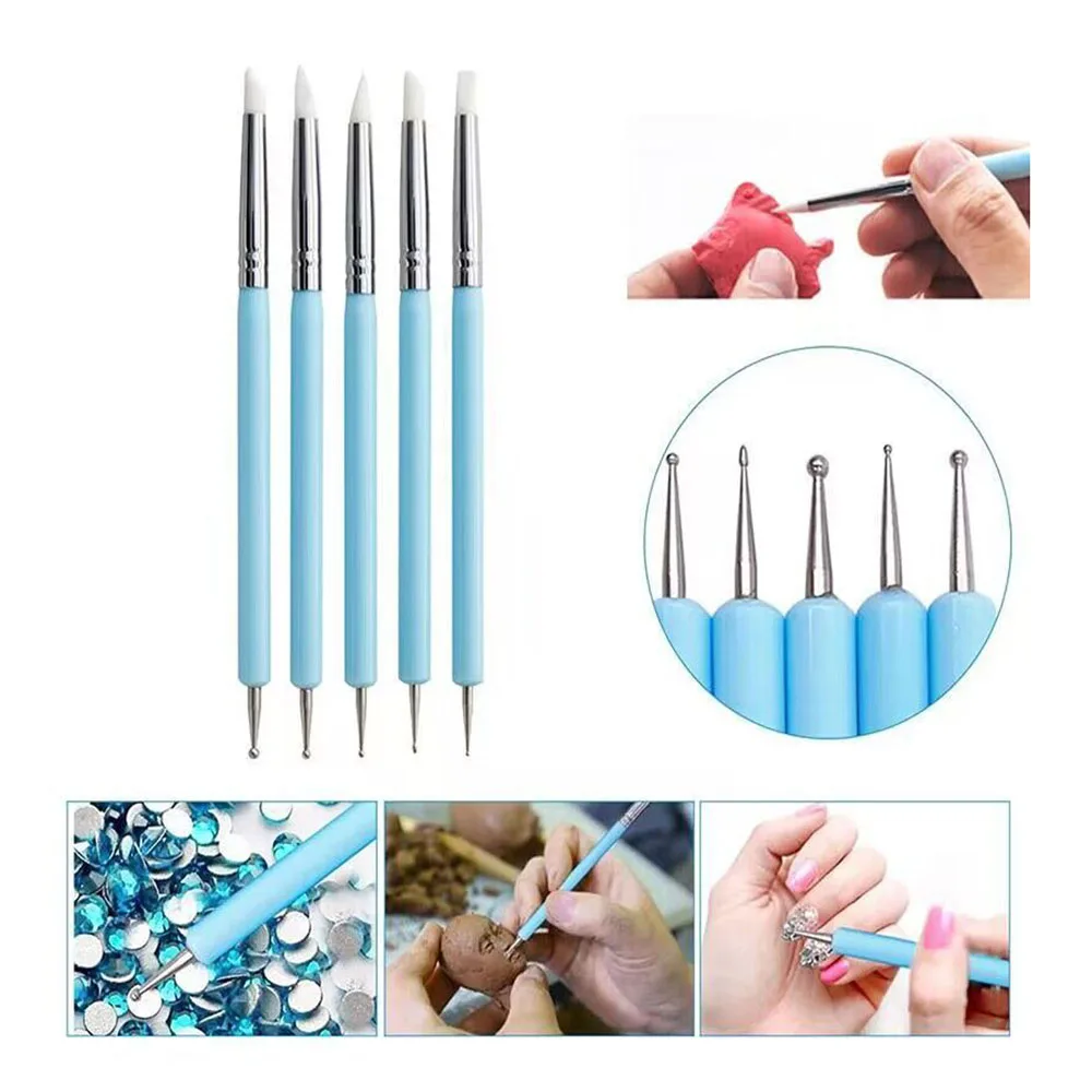 5Pcs Professional Nail Art Silicone Embossing Brush Dual-Head UV Gel Dotting Painting Pen Manicure Clay Sculpting Drawing Tools