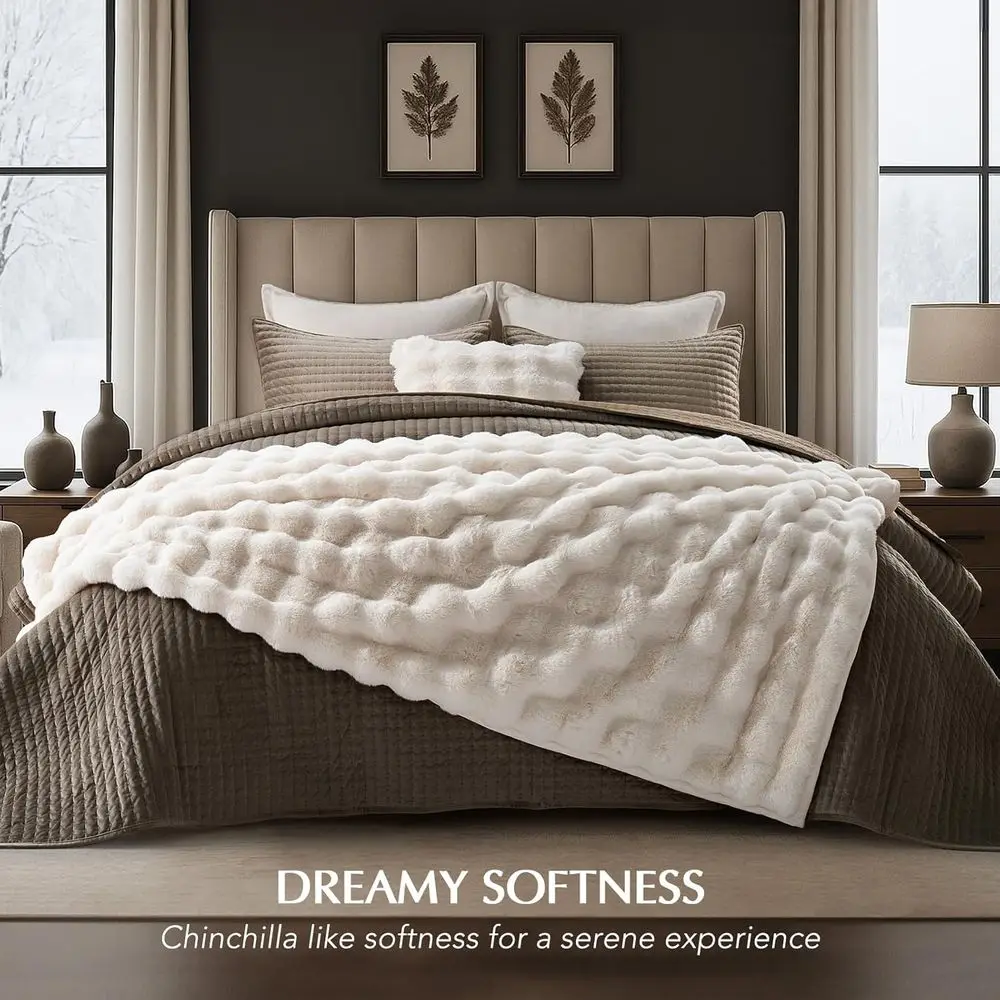 بطانية فرو أرنب صناعي رقيق عاجي مريح، رمي قطيفة قابل للعكس، 50 × 60 للسرير والأريكة والكرسي