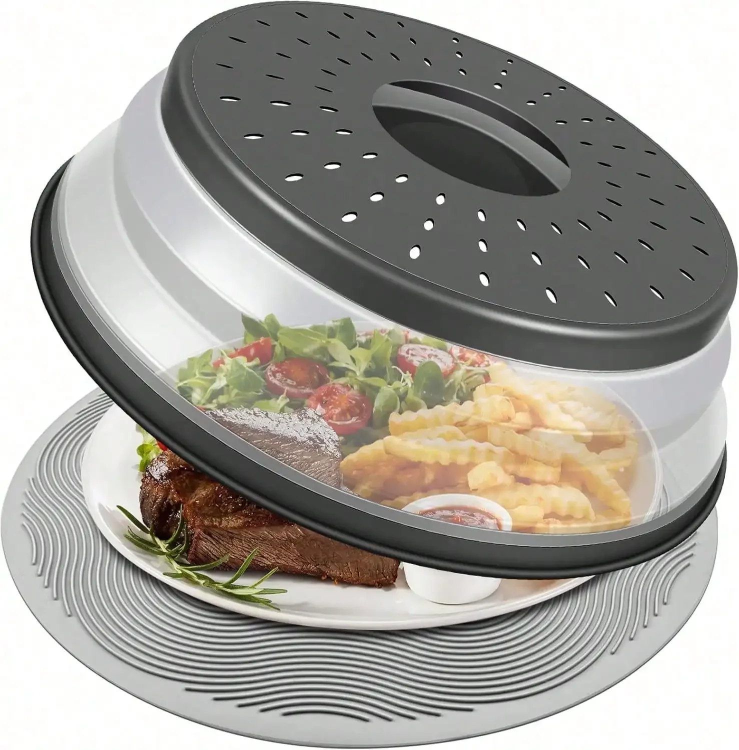 Microwave Splatter Cover For Food, Large Size With Handle - 2 In 1Collapsible & Vented Silicone Splatter Guard Lid - Microwave Plate & Dish Cover Kitchen Gadget For Meal Prep(10.63in*3.15in)