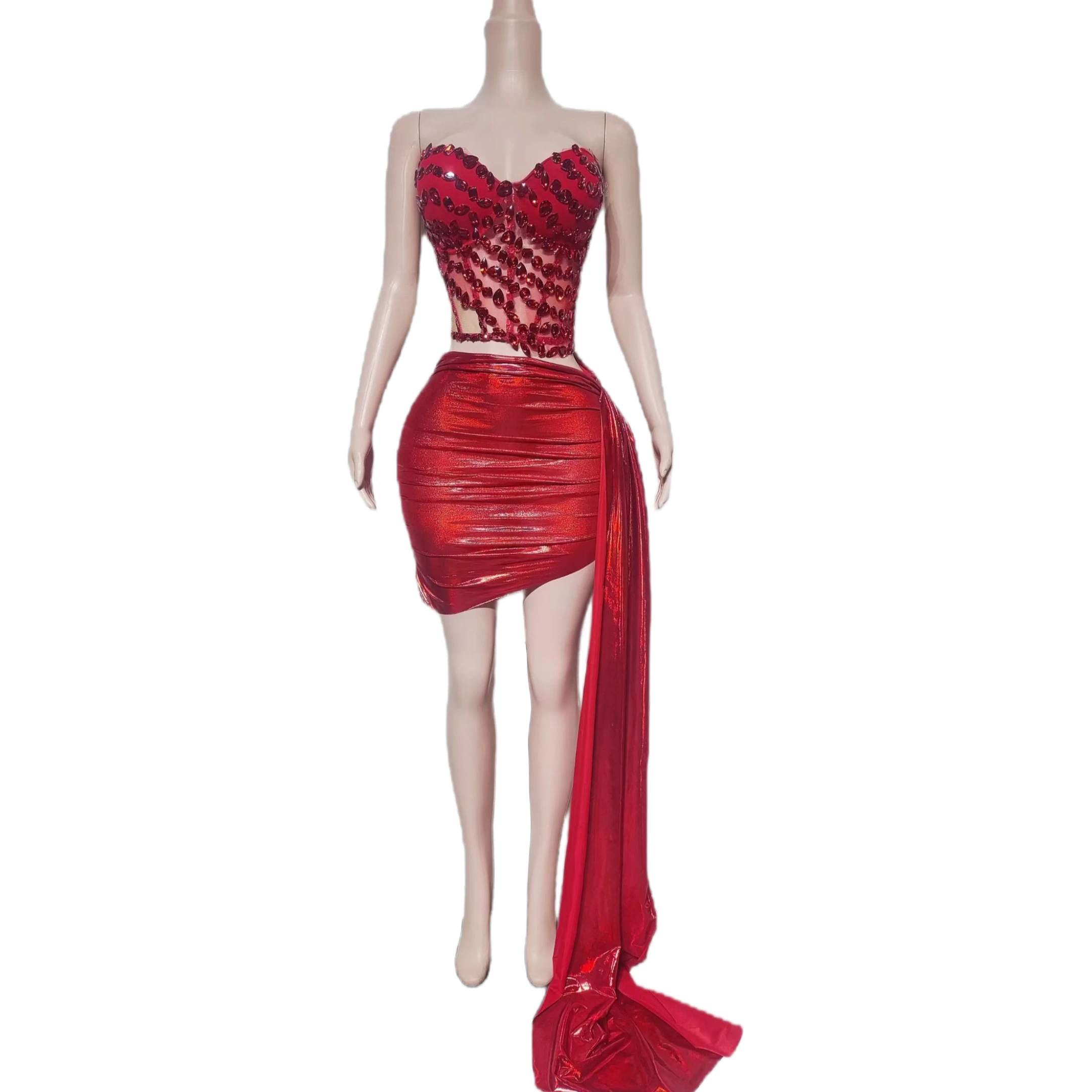 Sparkly Rhinestone Strapless Crop Tops Mini Skirt 2Pieces Set Showgirl Drag Queen Show Wear Club Dance Red Outfit Feicuihong