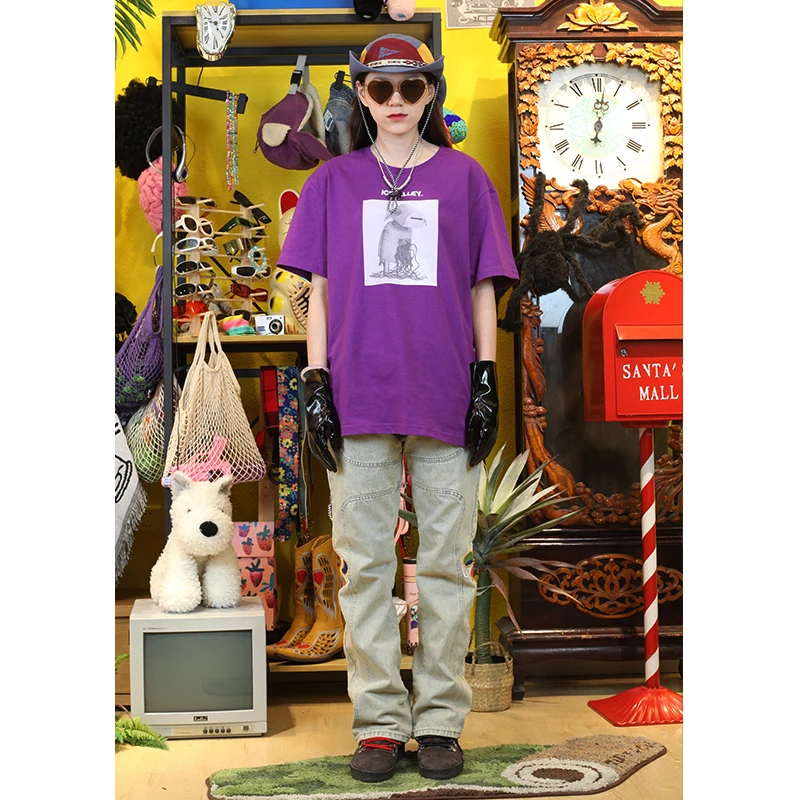 Heavyweight 260G Lazy Style Vintage Mechanical Woodman Print Short Sleeve T-Shirt Unisex Loose Fit Cotton Polyester Blend Sum...