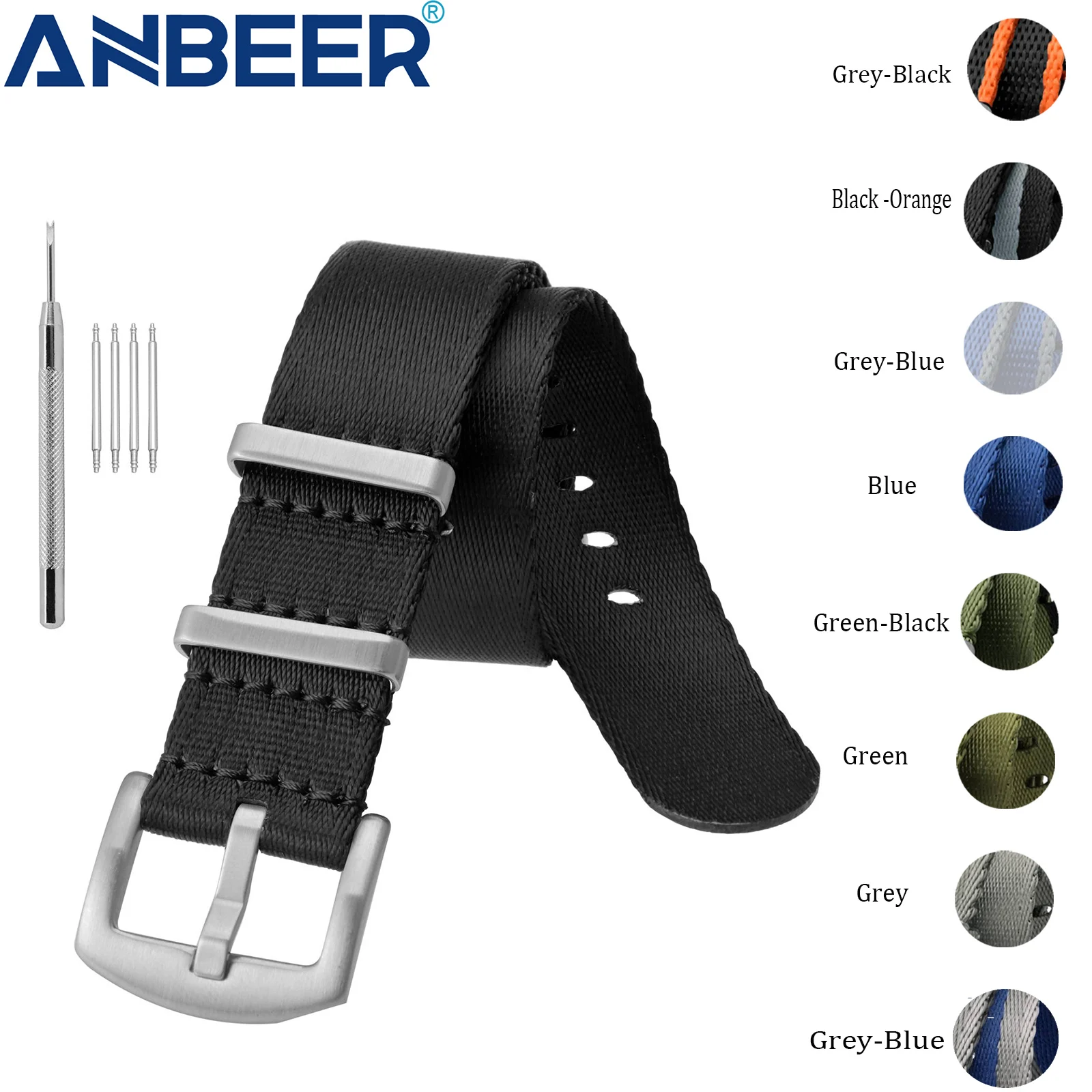 Anbeer Nylon Watch Band 18mm 20mm 22mm Military Fashion Adjustable Watch Straps with Stainless Steel Buckle Include Tools