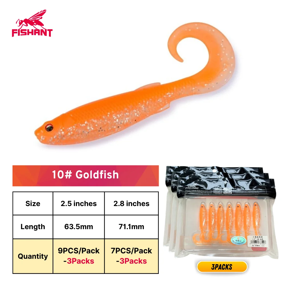 FISHANT Kleine echte vis met gekrulde staart, zacht kunstaas - Zinkend 2,5"(9PCS)/2,8"(7PCS) 3/5 pakjes, baarsaas voor Texas/Drop Shot/Ned Rig