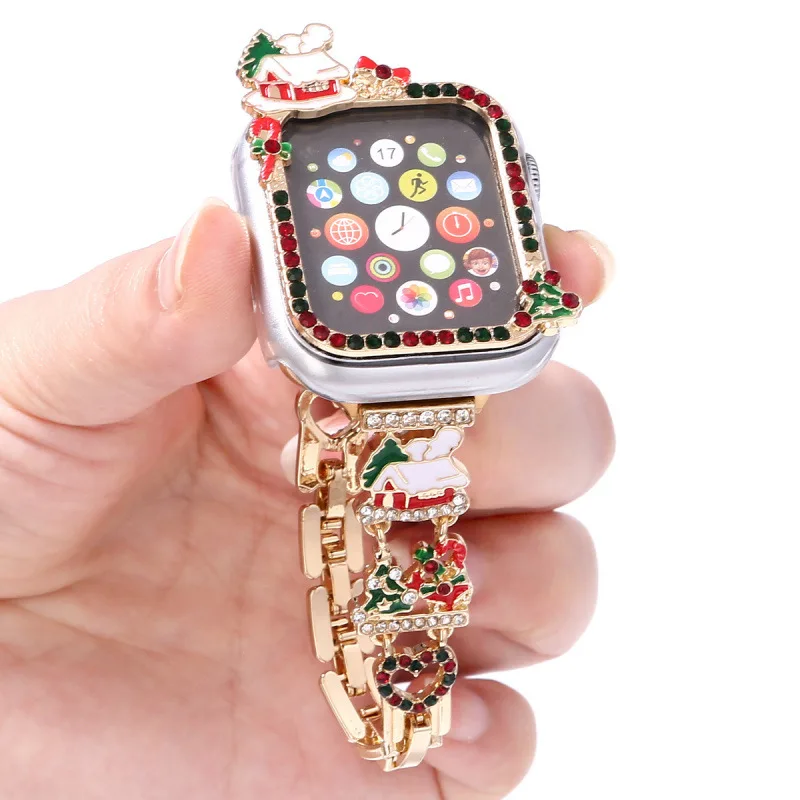 عيد الميلاد حجر الراين + حزام لساعة أبل 5/6/7/8 41 40 مللي متر الفرقة iWatch 45 44 مللي متر حزام الوفير مطعمة مع حجر الراين الكريستال