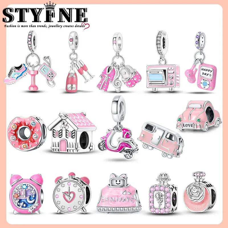 925 Sterling Silver Woman with Puppy Travel Hobbies Pink Collection Adolescent Girl Style Charm Beads Original Bracelet DIY Gift