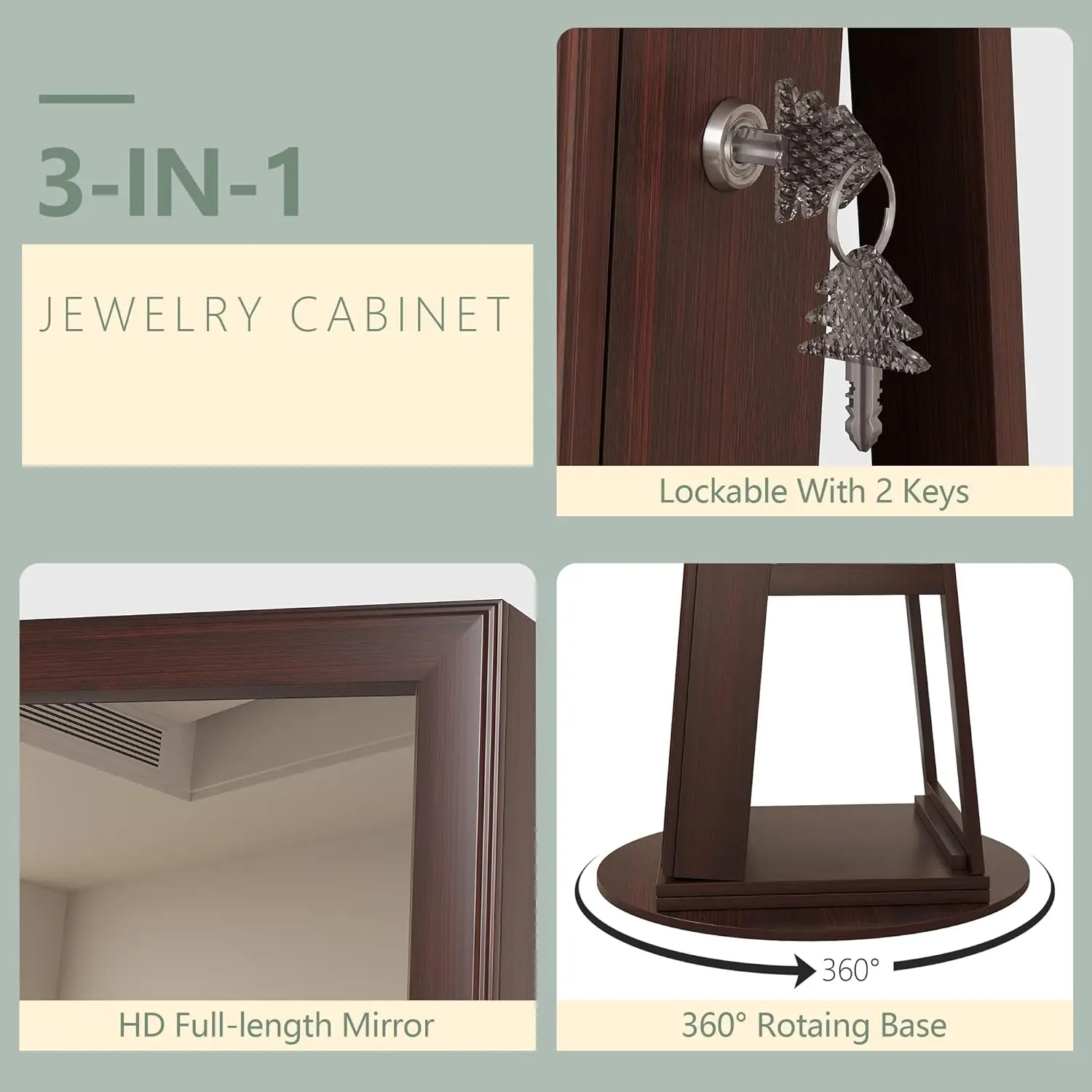 Full Mirror Jewelry Cabinet com LED Light, Standing Mirror com Jewelry Storage, 360 ° Rotating
