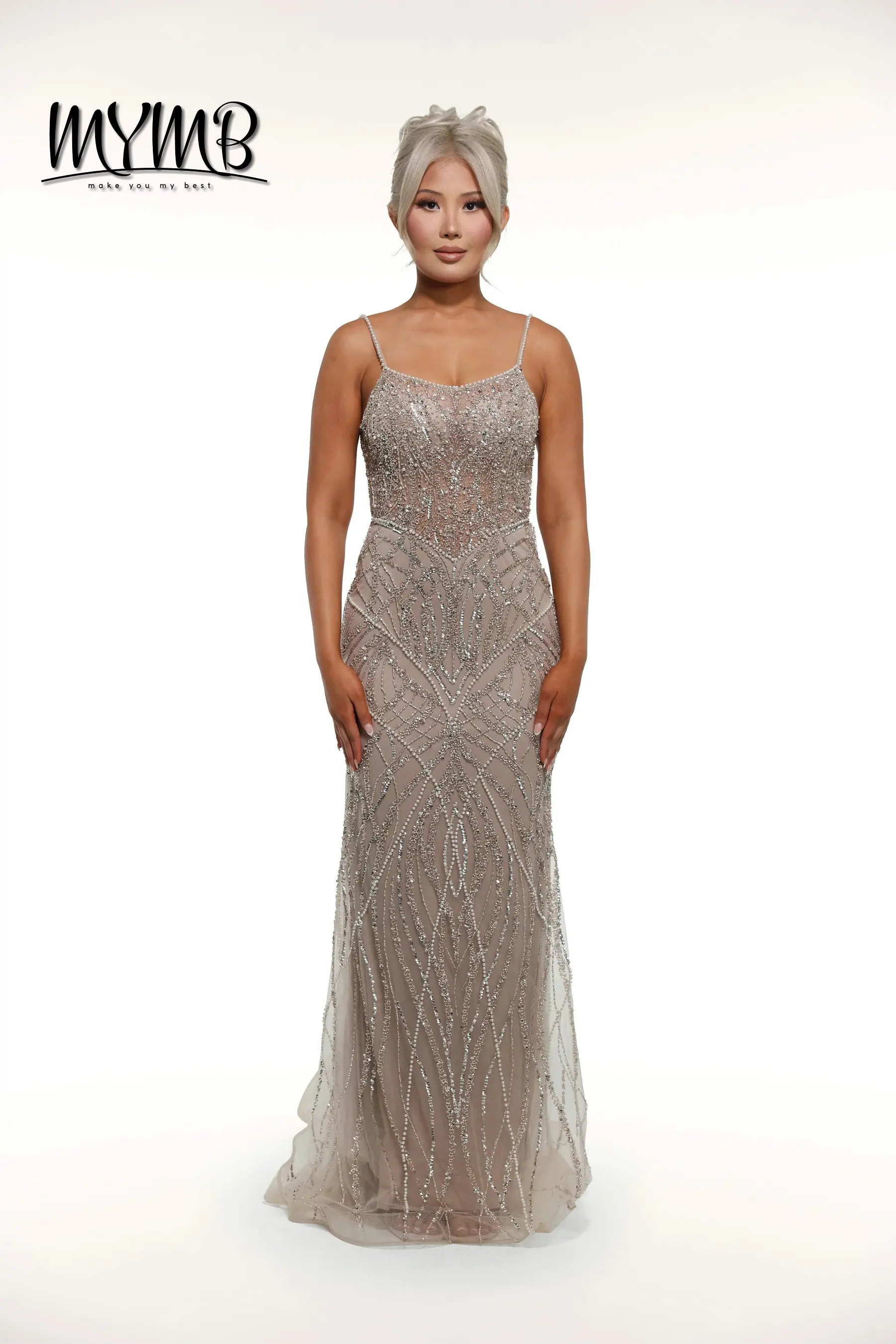 MYMB Nude Beaded Spaghetti Straps Mermaid Prom Dresses for Women Party Arabic Luxurious Evening Wedding Gowns with Chapel Train