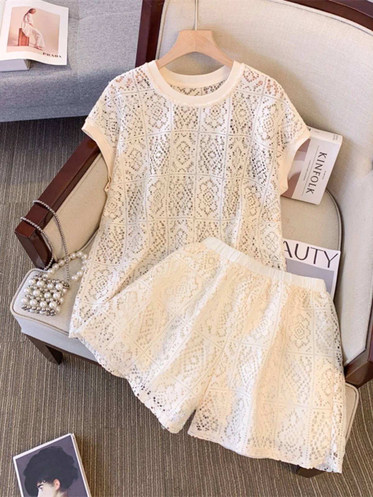 

Slimming Fashionable Large Size Women's T-Shirt Shorts Two-Piece Set Hollow out Top round Neck Short Sleeve Polyester Fiber