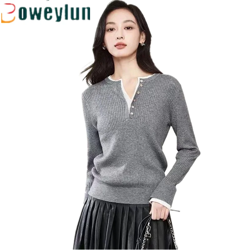 Boweylun Autumn Splicing Fake Two Piece Knit Sweater Women Korean Long Sleeve Tops Sweater Women