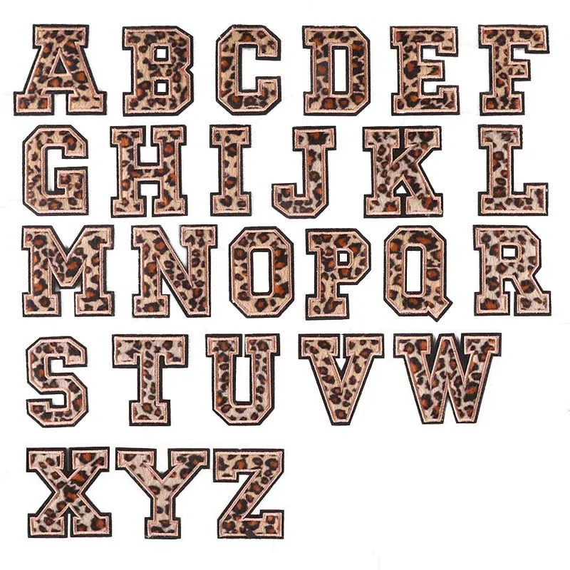 A~Z English Alphabet Letters Badge Patches,Leopard Print Applique Embroidery Iron on Stickers  for Clothing,DIY Name Garment