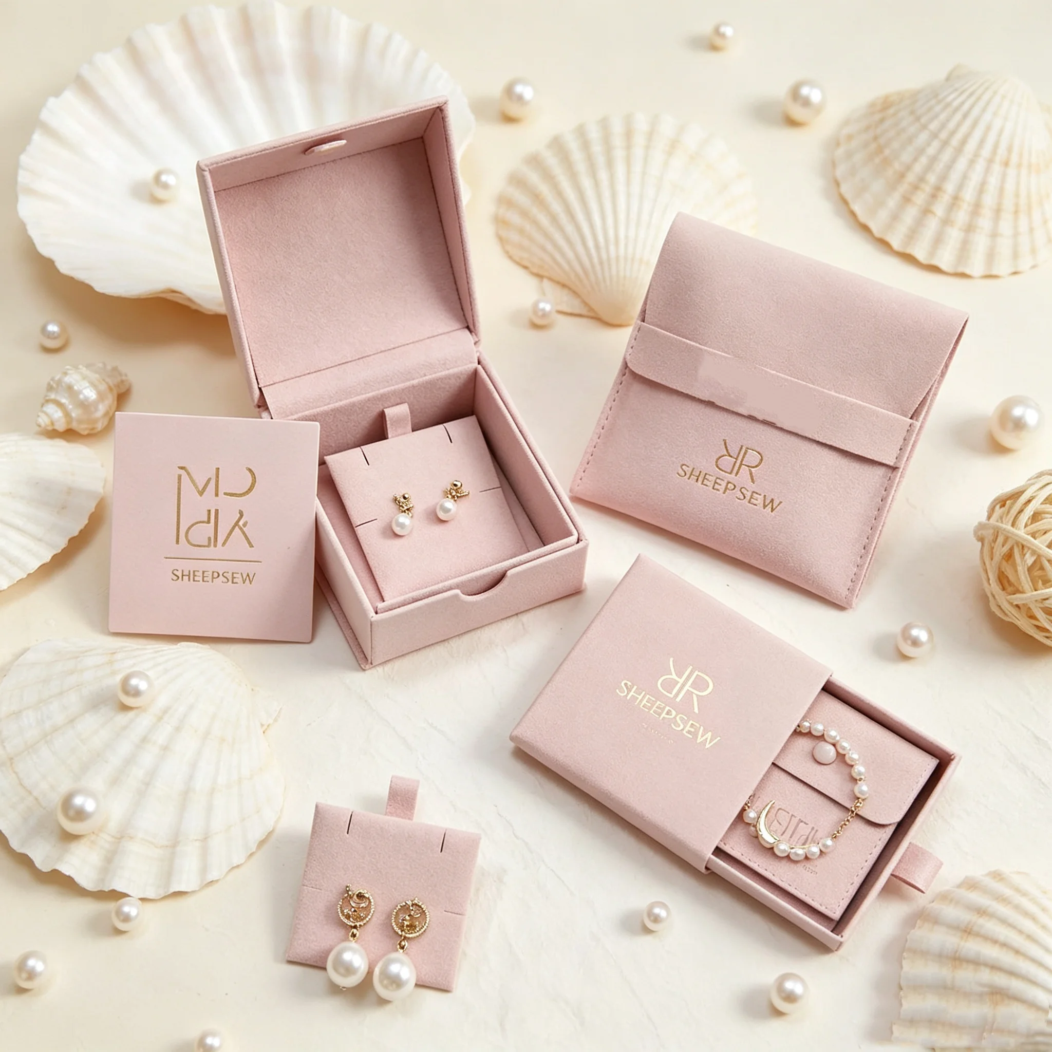SheepSew White Luxury Sliding Drawer Jewelry Box Set Custom Hot Stamped SHEEPSEW Logo With Microfiber Suede Envelope Pouch Card