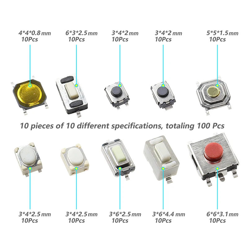 100Pcs 10 Models 6x6mm Momentary Tactile Tact Mini Switch Mixed Kit Box 6*6*4.3/5/6/6.5/7/8/9/10/11/12mm Right Angle With Stent