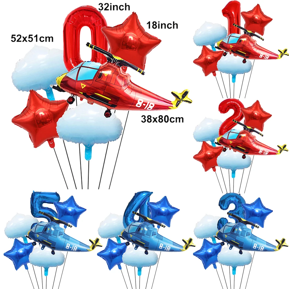 6pcs Airplane Balloon Set for Boys Birthday Party Decorations Baby Shower White Cloud Balloon 32inch Red Numeral Foil Balloons