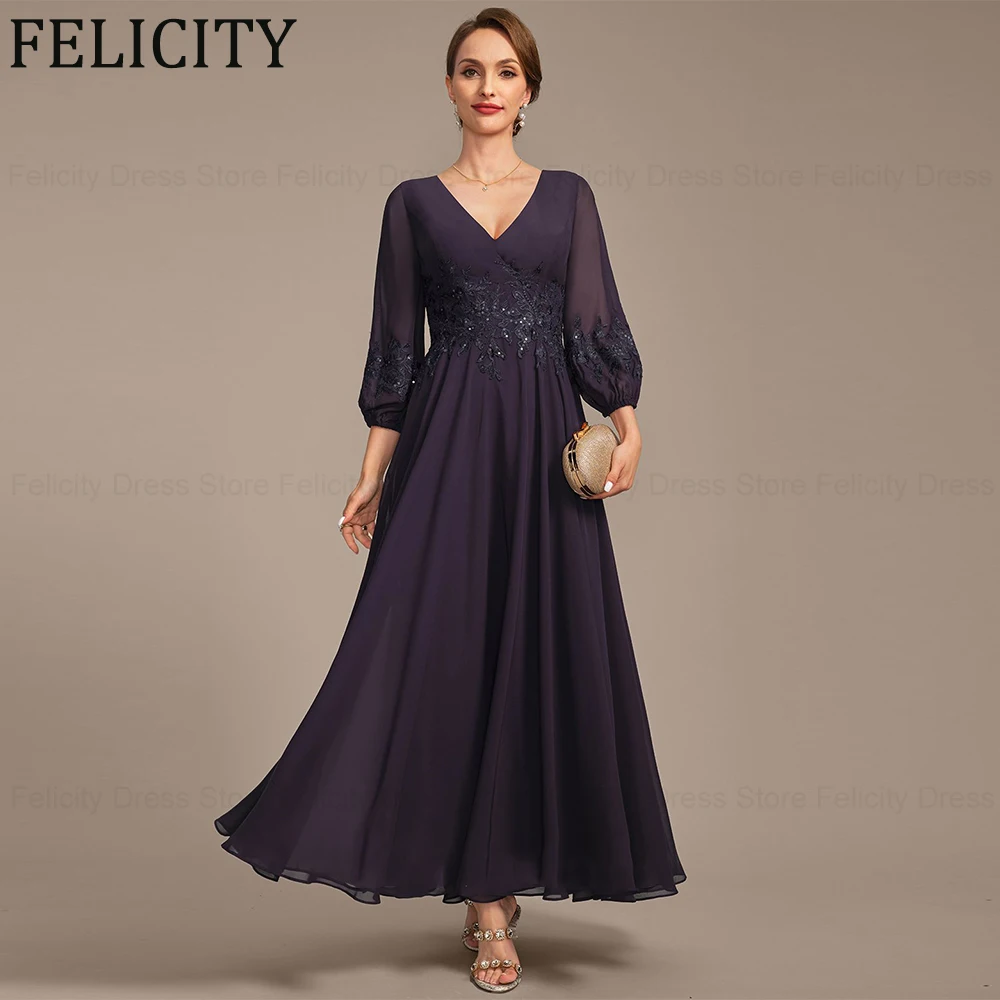 FELICITY-vestido elegante de gasa para madre de la novia, traje Formal con cuello en V, apliques de lentejuelas para invitados de boda, 2024