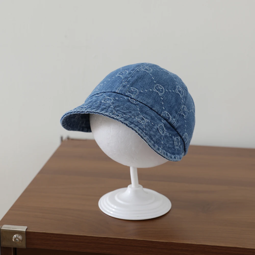 Retro water-washed denim children's baseball cap with full pattern of small bear diamond jacquard soft brim fisherman hat view 3