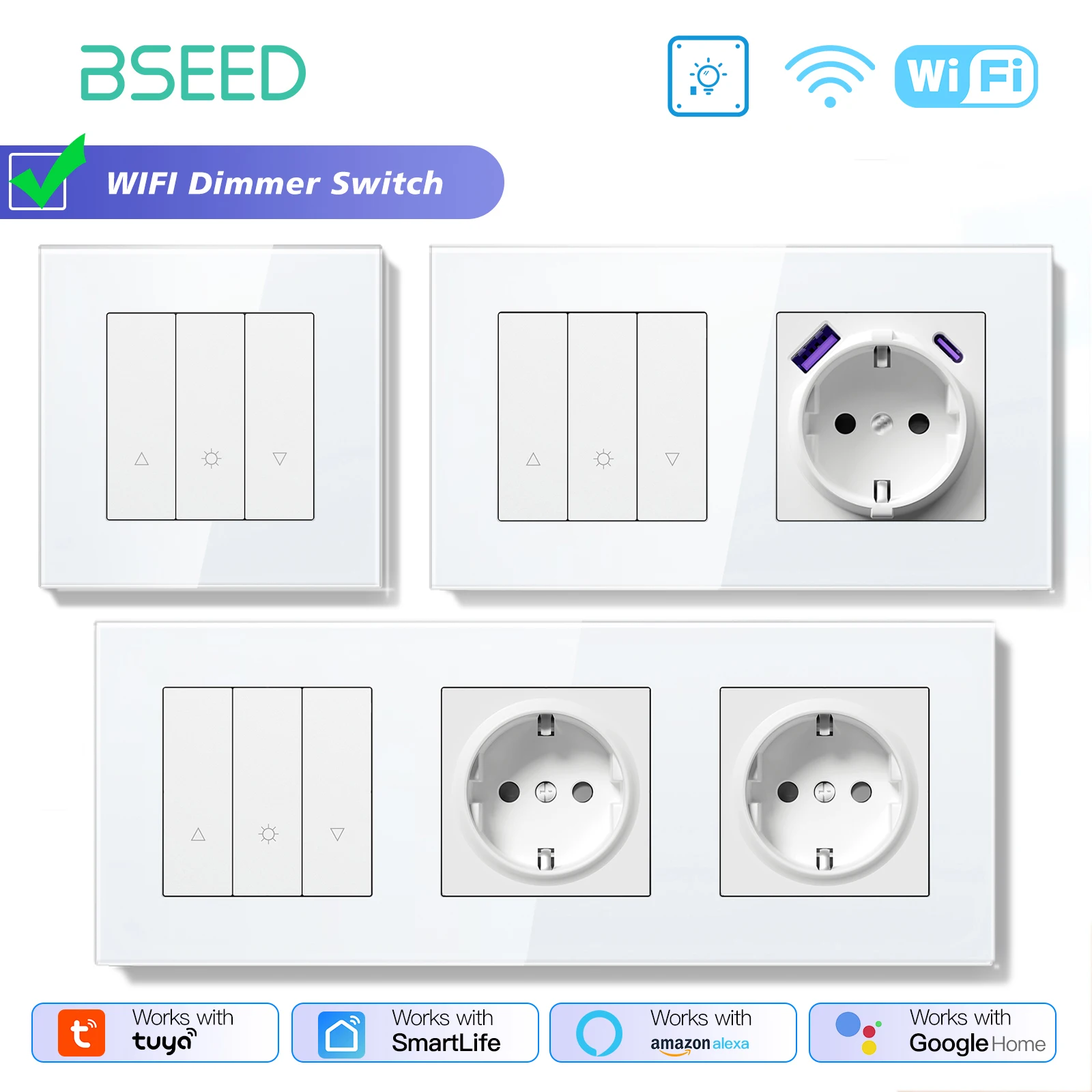 

BSEED WIFI Dimmer Switch 1/2/3/4Gang Smart Click Button Switch Glass Panel White LED Indicator Tuya Smart Life Alexa Control