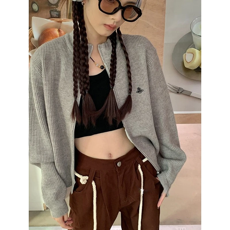 

American Kpop Streetwear Zip Sweater Cardigan Women Y2k Vintage Grey Jumper Harajuku Hippie Casual Knitted Top Female