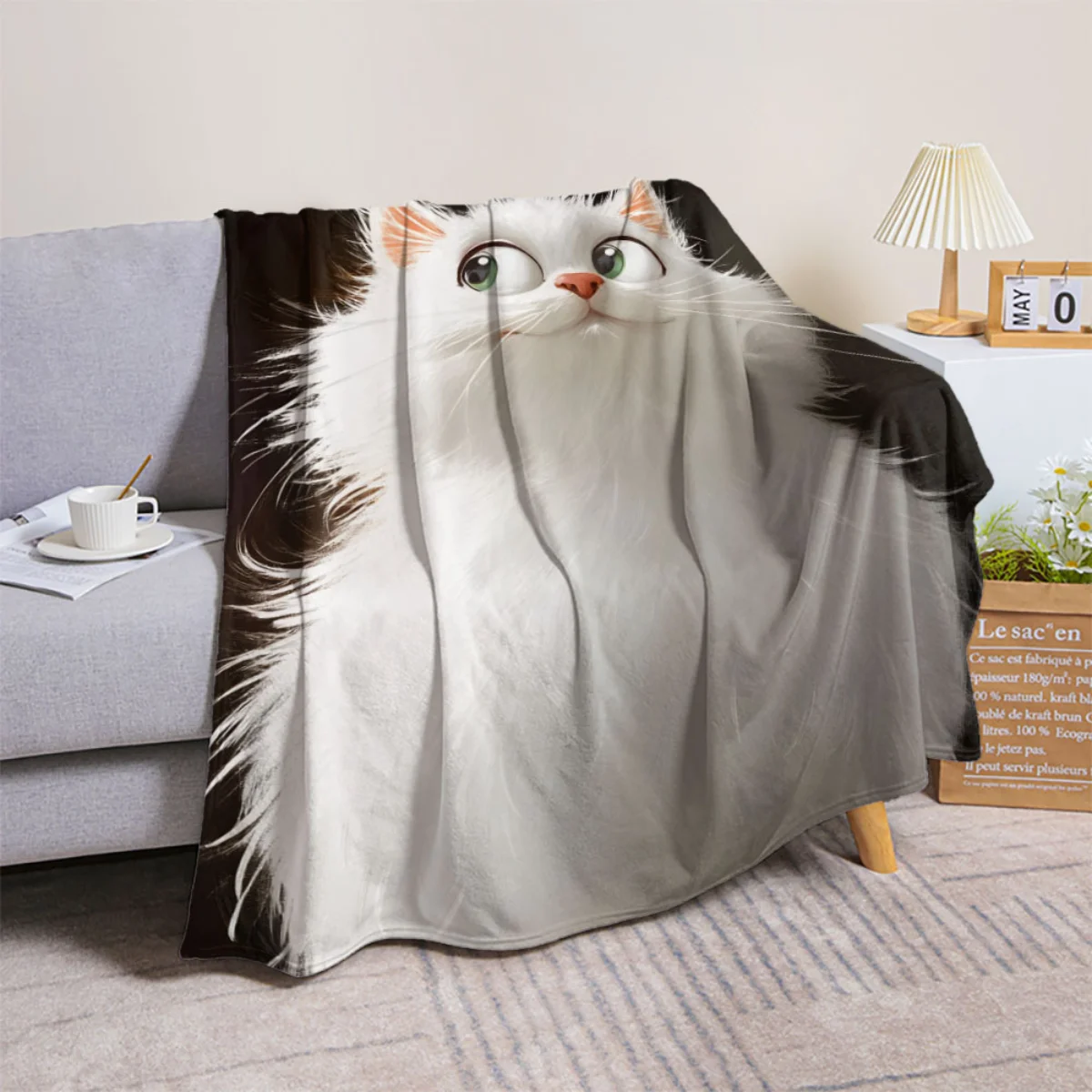 بطانية فانيلا لطيفة مطبوعة على شكل قطة بيضاء - دافئة وناعمة، مثالية للأرائك والأسرة وغرف المعيشة والمكاتب والسفر بشكل خاص #2