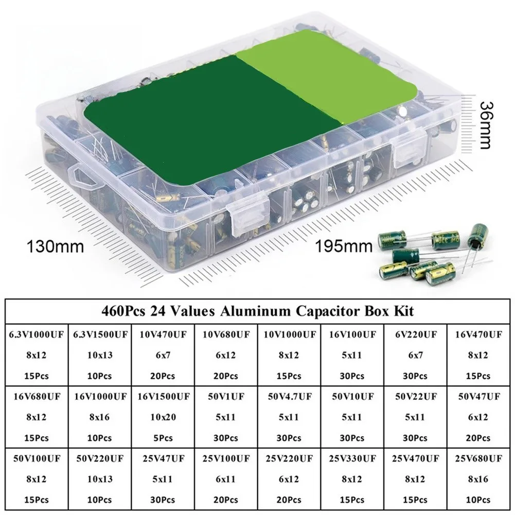 460pcs Electrolytic Capacitor Assortment Kit 24 Capacitance Values 6.3V-50V 1uF to 1500uF for DIY Electronics Repair