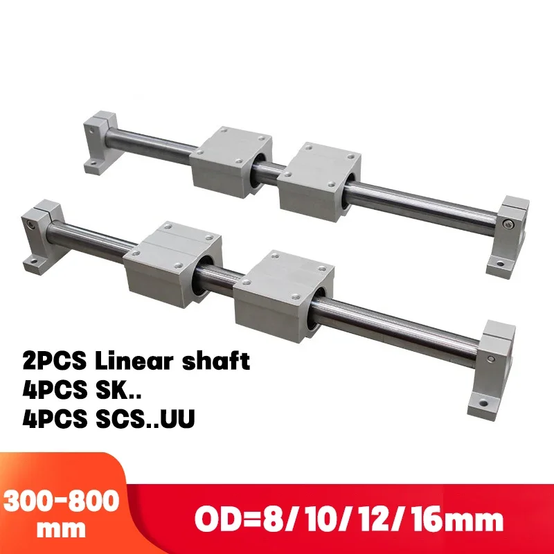 10Pcs/Set Linear Rail Shaft Optical Axis Rod OD8/10/12/16mm300-800mm SCS-UU Linear Block Bearing SK Shaft Support for CNC Router