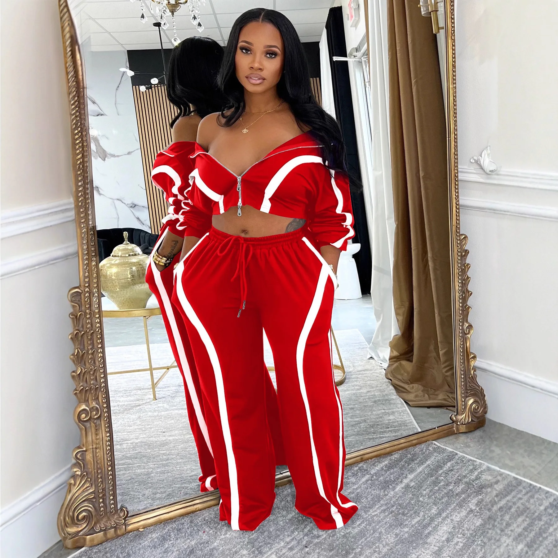 

Осень 2024, модные женские комплекты, контрастный цвет, топ на молнии и широкие длинные брюки, костюмы, одежда для дома, комплект из двух предметов, спортивный костюм