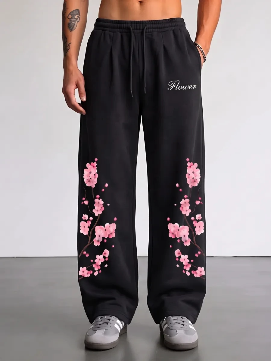 Men's Cherry Blossom Print Wide Leg Sweatpants Elastic Waist Drawstring Loose Streetwear Trousers Casual Gym Dance Workout Pants