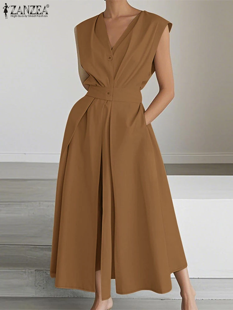 2025 ZANZEA แฟชั่น V คอ Sundress ยาว Robe ชุดสตรีฤดูร้อนชุดทํางานหรูหรา Casual ปุ่ม Vestidos