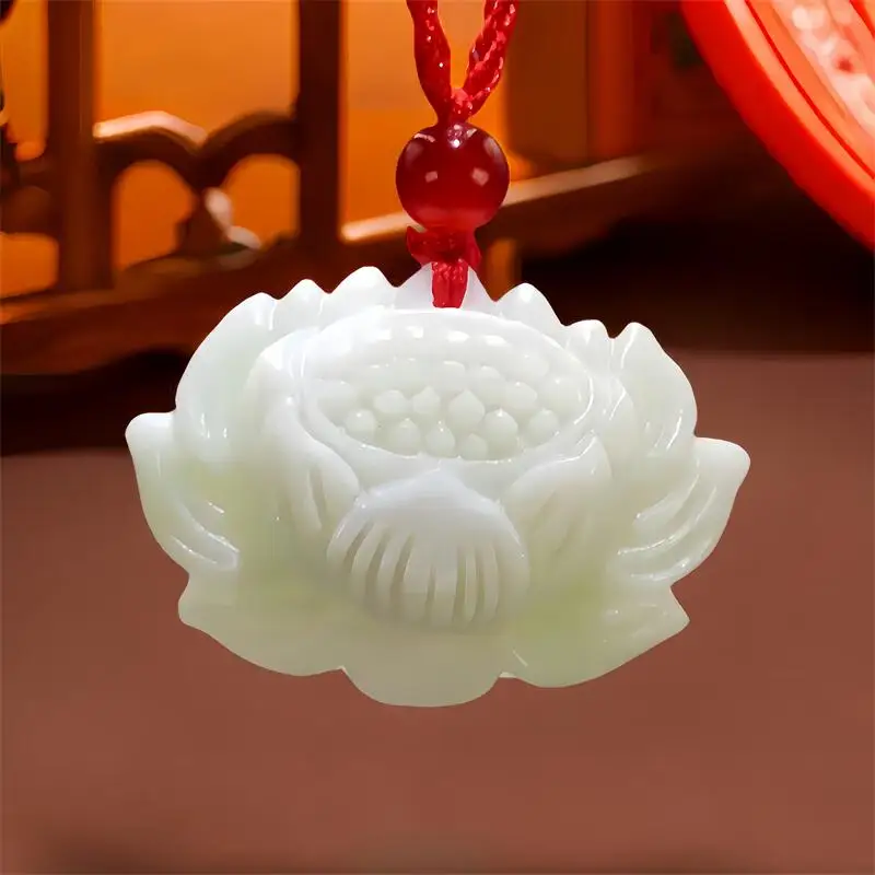 

White Natural Real Jade Lotus Pendant Necklace Vintage Talismans Fashion Carved Jewelry Gift Stone Gifts for Women Men Charm