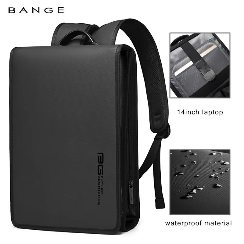 

BANGE Simple Design Slim Backpack For Men 14 Inch Laptop Bag Waterproof Minimalist Flat Business Backpack Casual Travel Work Bag