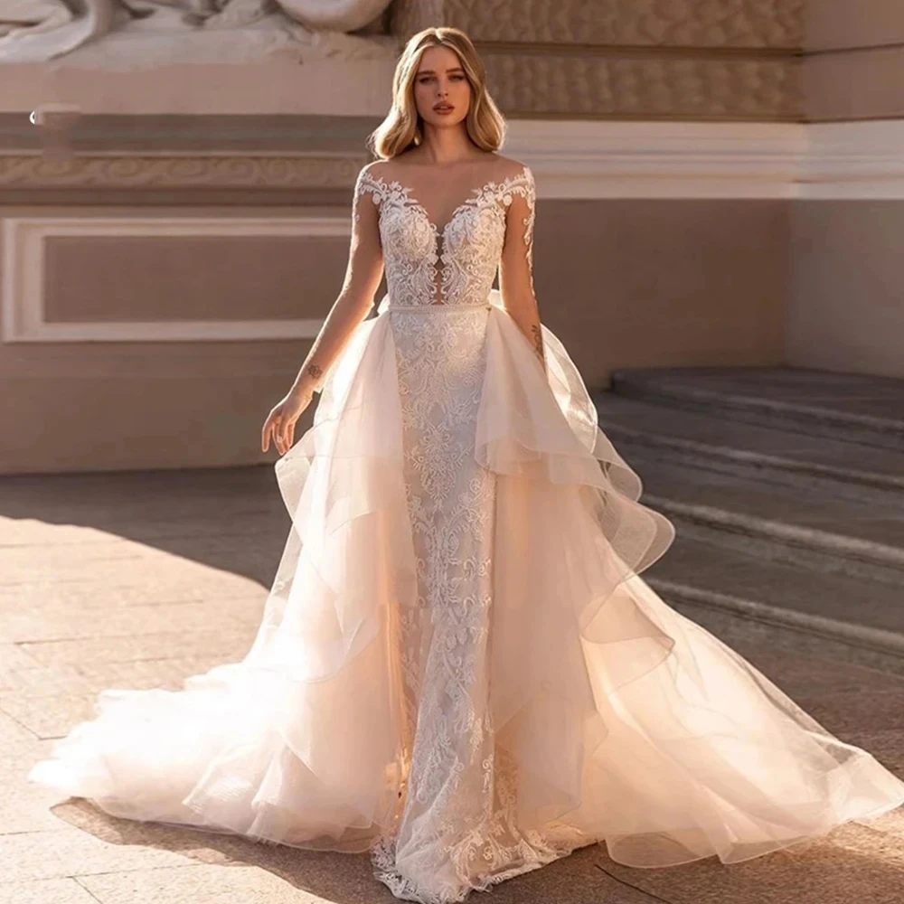 Exquisite Wedding Dresses With Detachable Train V-Neck Bridal Gowns Lace Appliques Full Sleeves Robes Illusion Vestidos De Novia