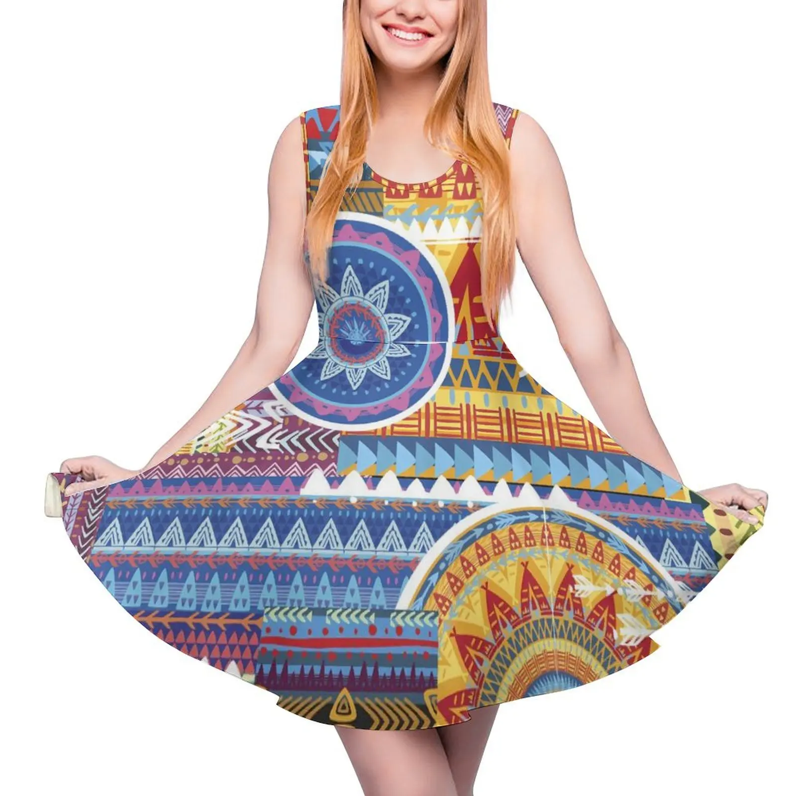 Vintage Tribal Dress High Waist Abstract Art Street Fashion Dresses Summer Women Oversize Elegant Printed Skate Dress