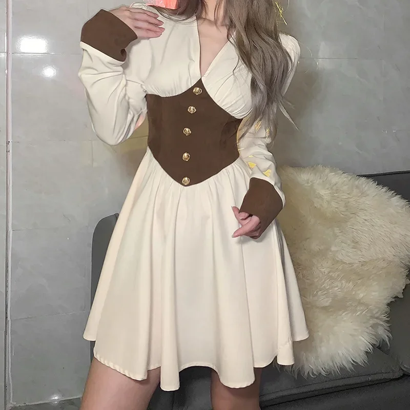 Medieval style renaissance dress 2024 New Fashion women long sleeve V neck short skirt spring summer fall white-apricot sexy