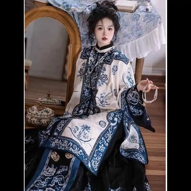 

Hanfu Mix Manchu, женская одежда Late Dynasty Цин, двубортный комплект с круглым вырезом, сине-белые фарфоровые топы в сетку, комплект с юбкой CT001