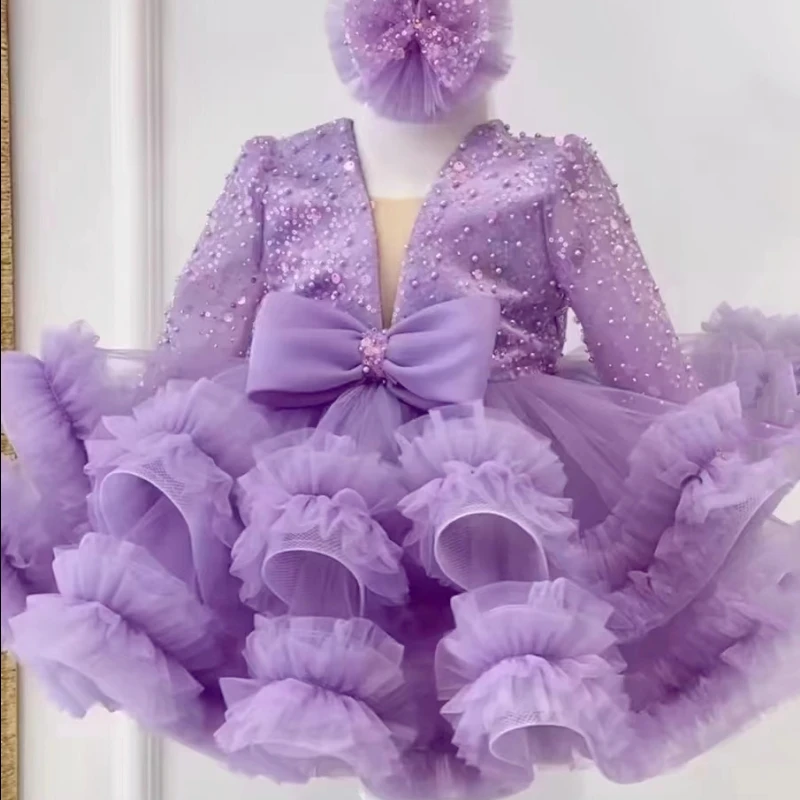 Purple Flower Girl Dress Cute Sparkly Top Puffy Sequin Beads With Bow Fit Wedding Party First Holy Communion Gowns