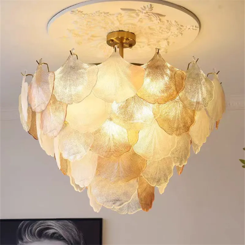 Round Amber Shell Ceiling Chandelier murano glass lamp Modern LED Dimmable Light Artistic Bedroom Princess's Room Hanging Lamp