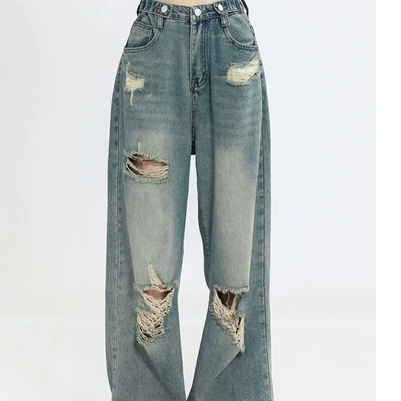 Retro Distressed Jeans for Women Loose Straight Leg Pants Jeans Leisure High Waisted Wide Leg Pants Female