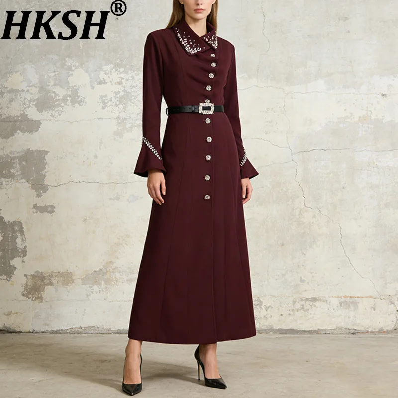 

Женский тренч HKSH с заклепками и стразами, однобортный, с поясом, расклешенными рукавами, элегантная ветровка, длинное пальто, новинка весны HK19624