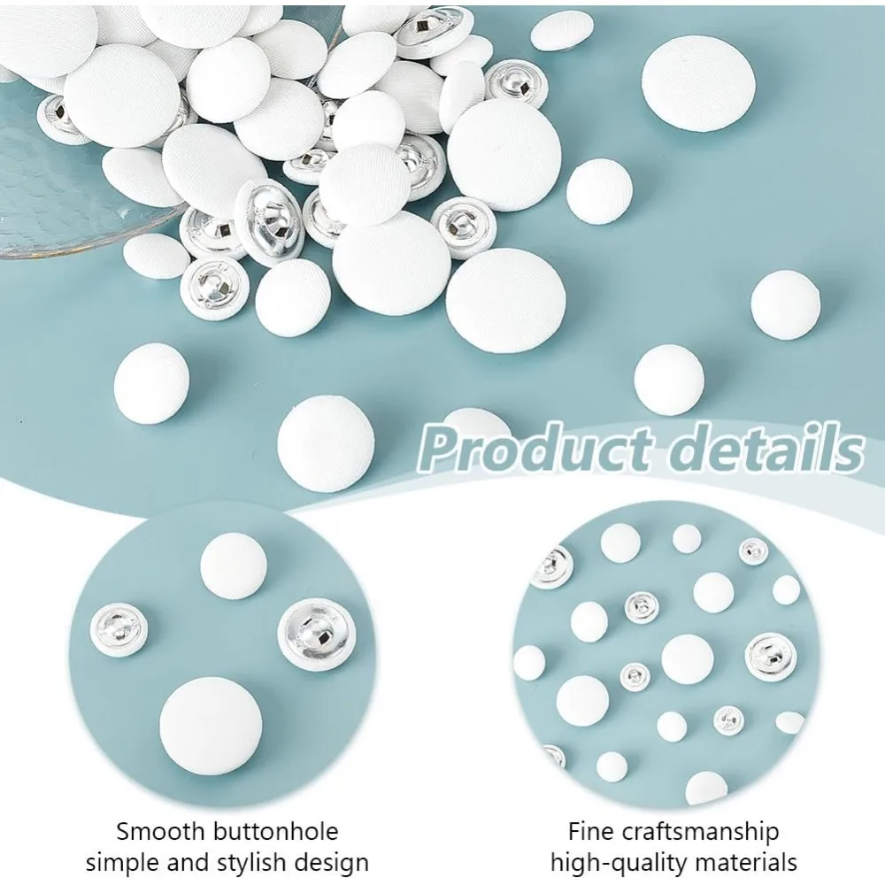 64pcs White Fabric Covered Button, 4 Sizes Round Shank Buttons Sewing Button Soft Cloth Buttons for Overcoat Vests Blazer Jacket