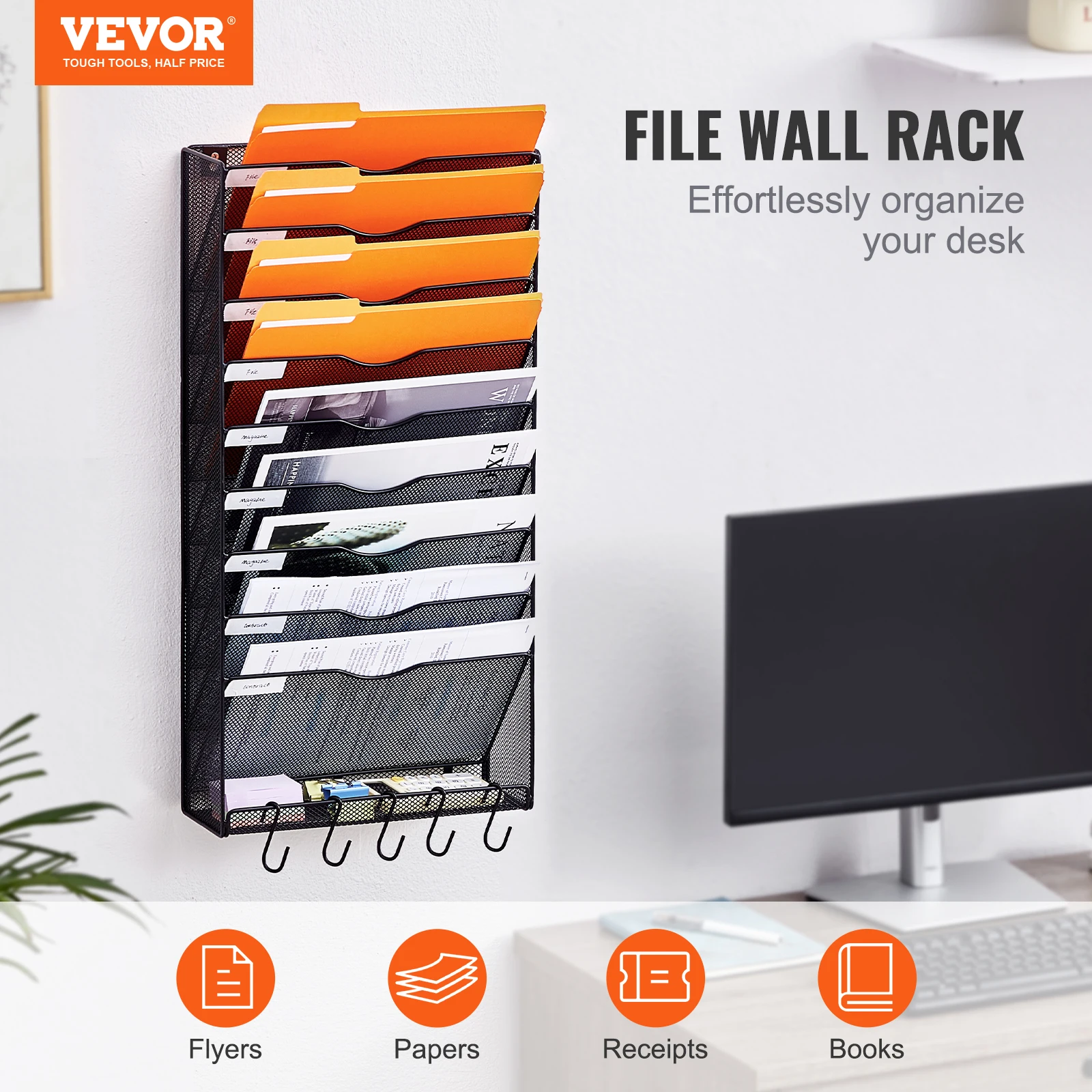 VEVOR One-Piece 10 Pockets Mesh Magazine Mail Paper File&Document Storage Wall Rack with Nametag Label for Office Home&School